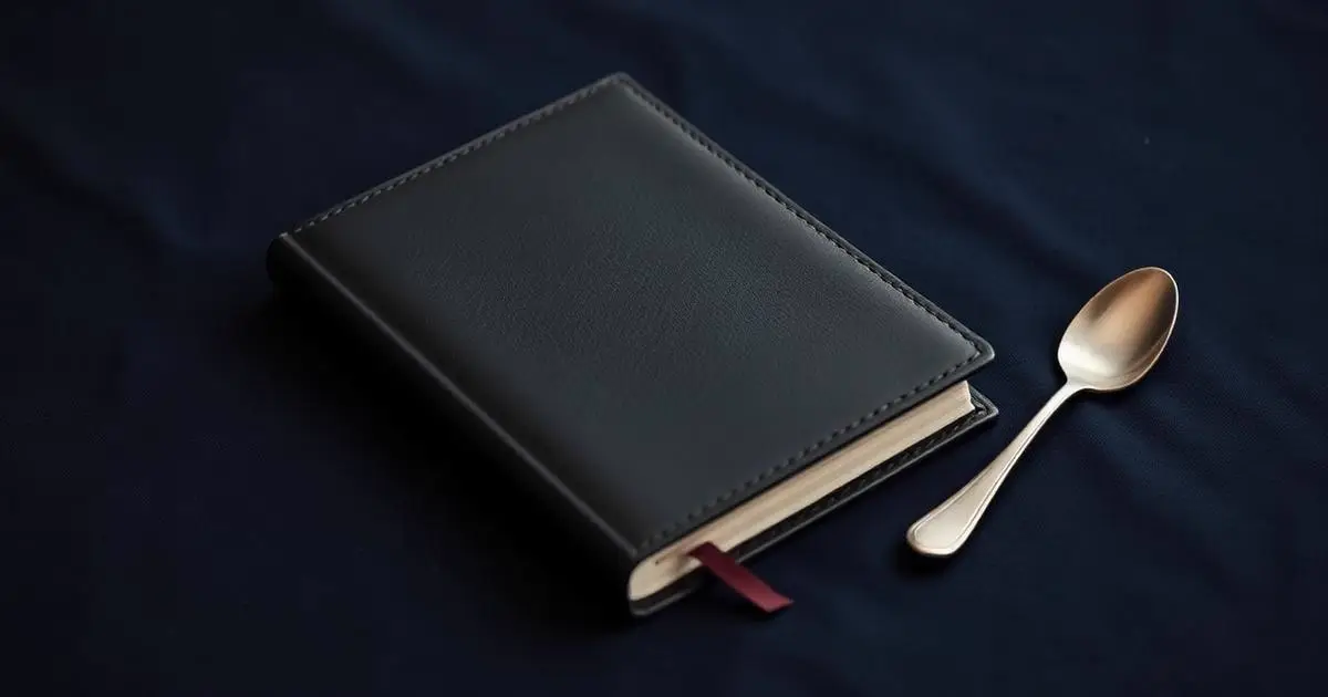 Gesloten leren notitieboek met pen naast een antieke zilveren lepel
