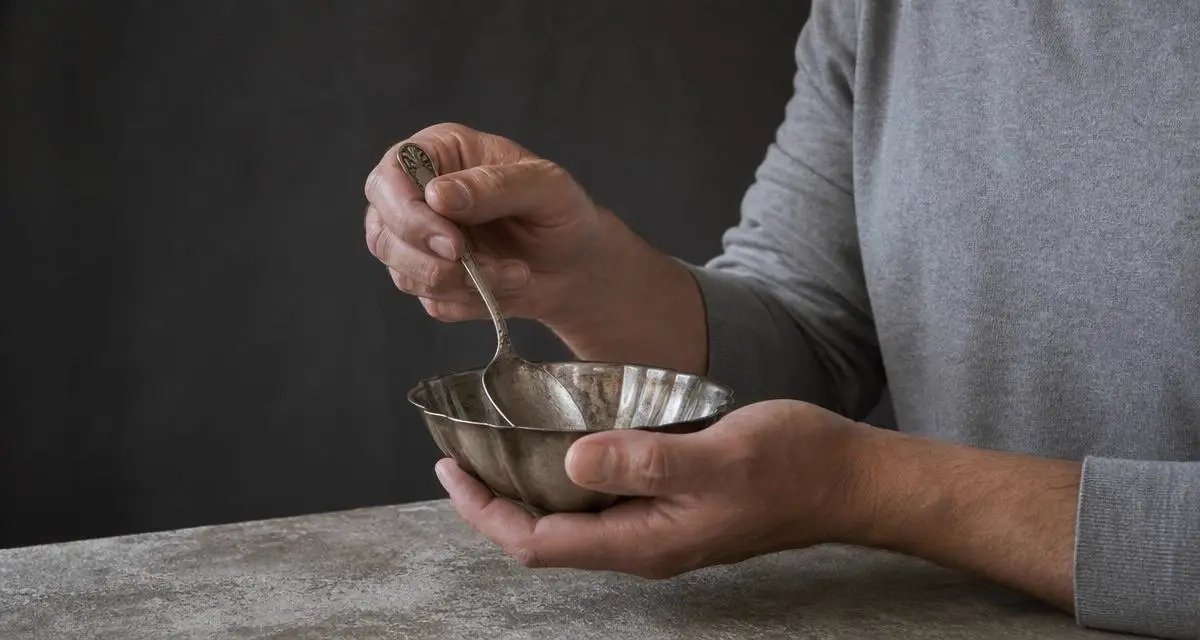 Handen met een antieke zilveren lepel en een zilveren schaaltje boven een stenen werkblad