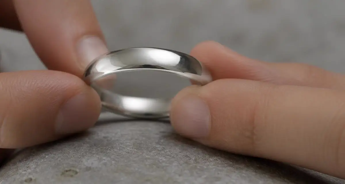 Een gladde zilveren ring van dichtbij, tussen twee vingertoppen vastgehouden boven grijze steen