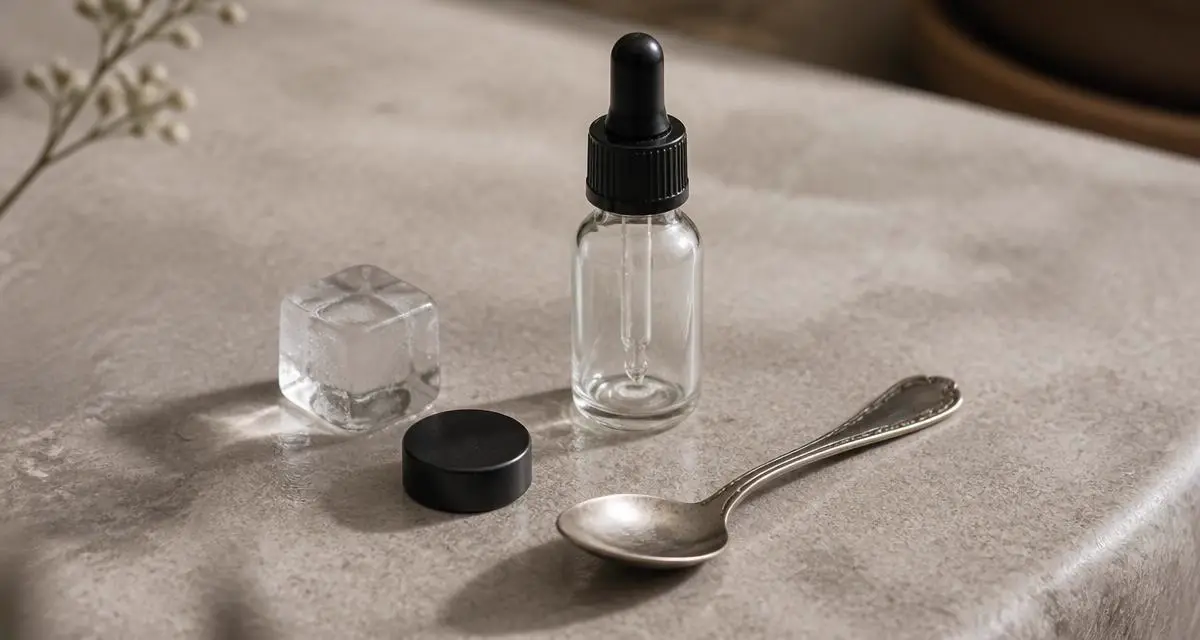 Magneet, ijsblokje en een blanco druppelflesje naast een zilveren lepel op steen