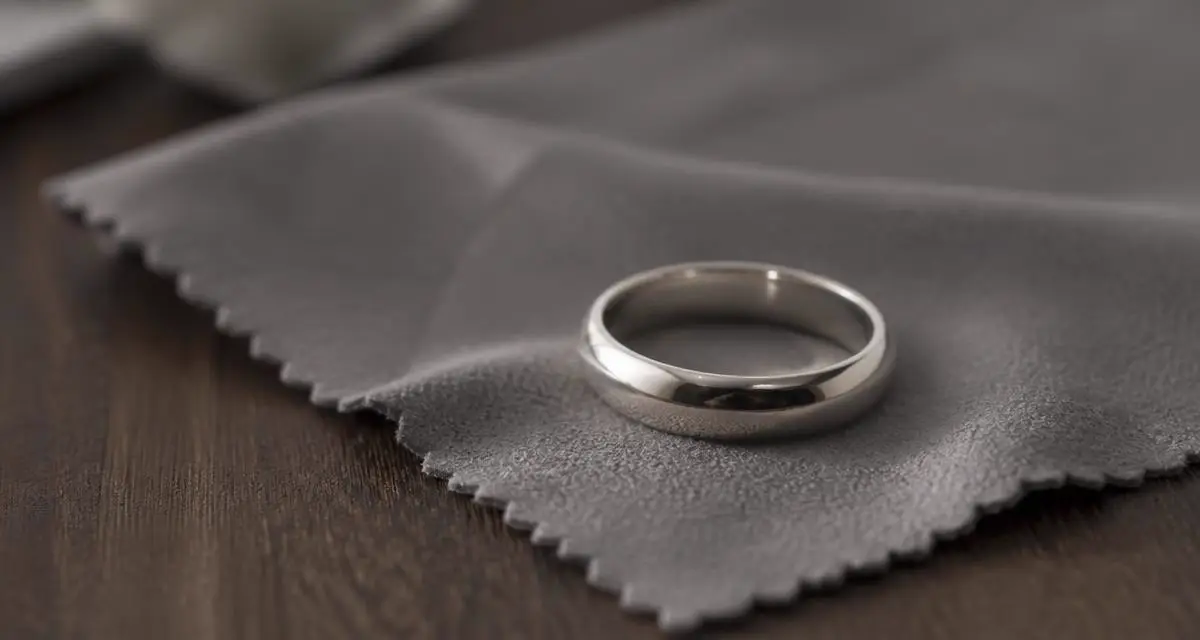 Gepolijste zilveren ring op een grijze poetsdoek op donker hout