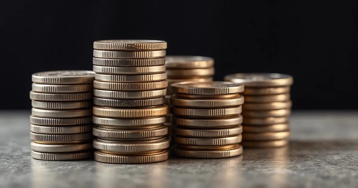 Stapels oude munten van opzij gefotografeerd, klaar om per stuk op zilver te beoordelen